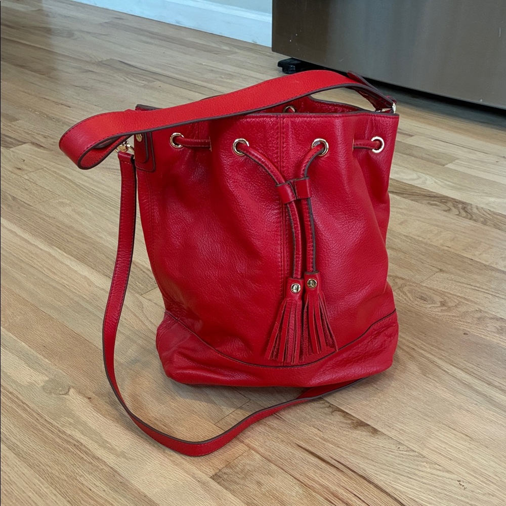 Lands' End Red Leather Drawstring Bucket Shoulder Bag with Tassel Detail